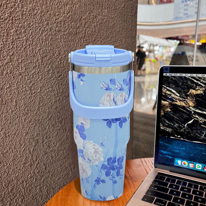 Floral Insulated 900ML Tumbler with Handle and Straw Lid Blue - Bagmire