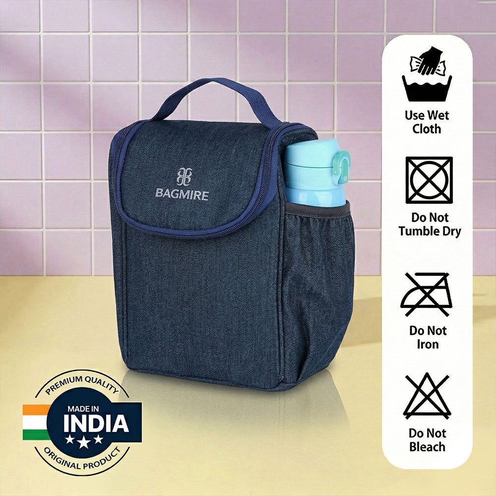 BAGMIRE Insulated Lunch Bag for Office & Travel – Premium Denim Style Food Carry Bag with Bottle Holder, Adjustable Strap & Thermal Lining