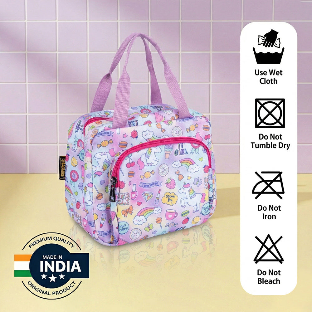 Bagmire Insulated Lunch Bag for Girls - Unicorn & Rainbow Print, Waterproof, Double Compartment, Silver Foil Lining - Made in India