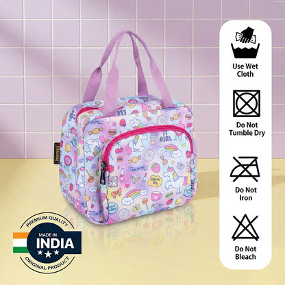 Bagmire Insulated Lunch Bag for Girls - Unicorn & Rainbow Print, Waterproof, Double Compartment, Silver Foil Lining - Made in India