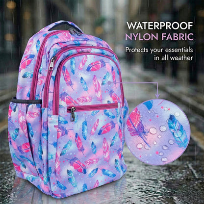 18 Inch Girls' Backpack - Pastel Feather Print, Waterproof, Multi-Compartment School Bag Bagmire