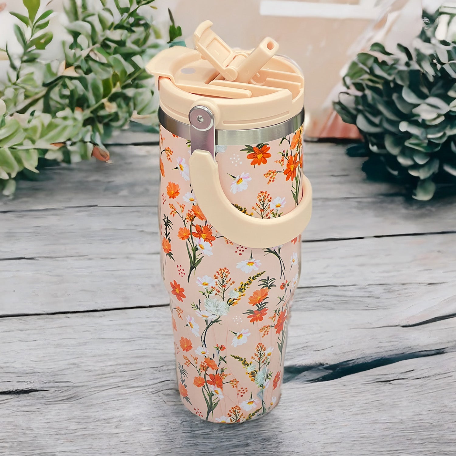 Floral Insulated 900ML Tumbler with Handle and Straw Lid Orange - Bagmire