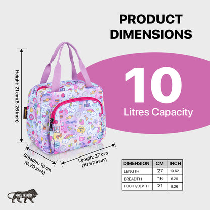 Bagmire Insulated Lunch Bag for Girls - Unicorn & Rainbow Print, Waterproof, Double Compartment, Silver Foil Lining - Made in India