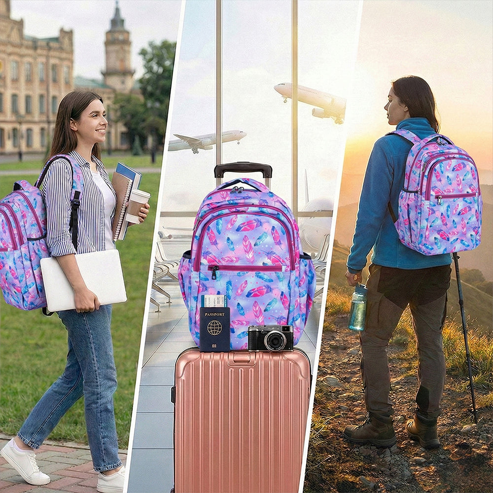 18 Inch Girls' Backpack - Pastel Feather Print, Waterproof, Multi-Compartment School Bag Bagmire