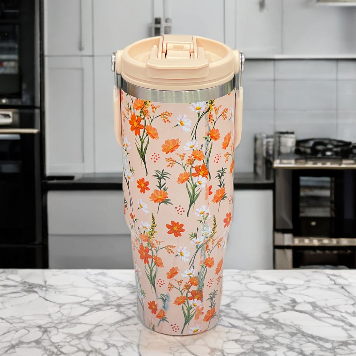 Floral Insulated 900ML Tumbler with Handle and Straw Lid Orange - Bagmire