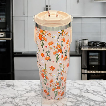 Floral Insulated 900ML Tumbler with Handle and Straw Lid Orange - Bagmire