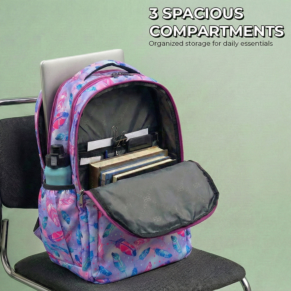 18 Inch Girls' Backpack - Pastel Feather Print, Waterproof, Multi-Compartment School Bag Bagmire