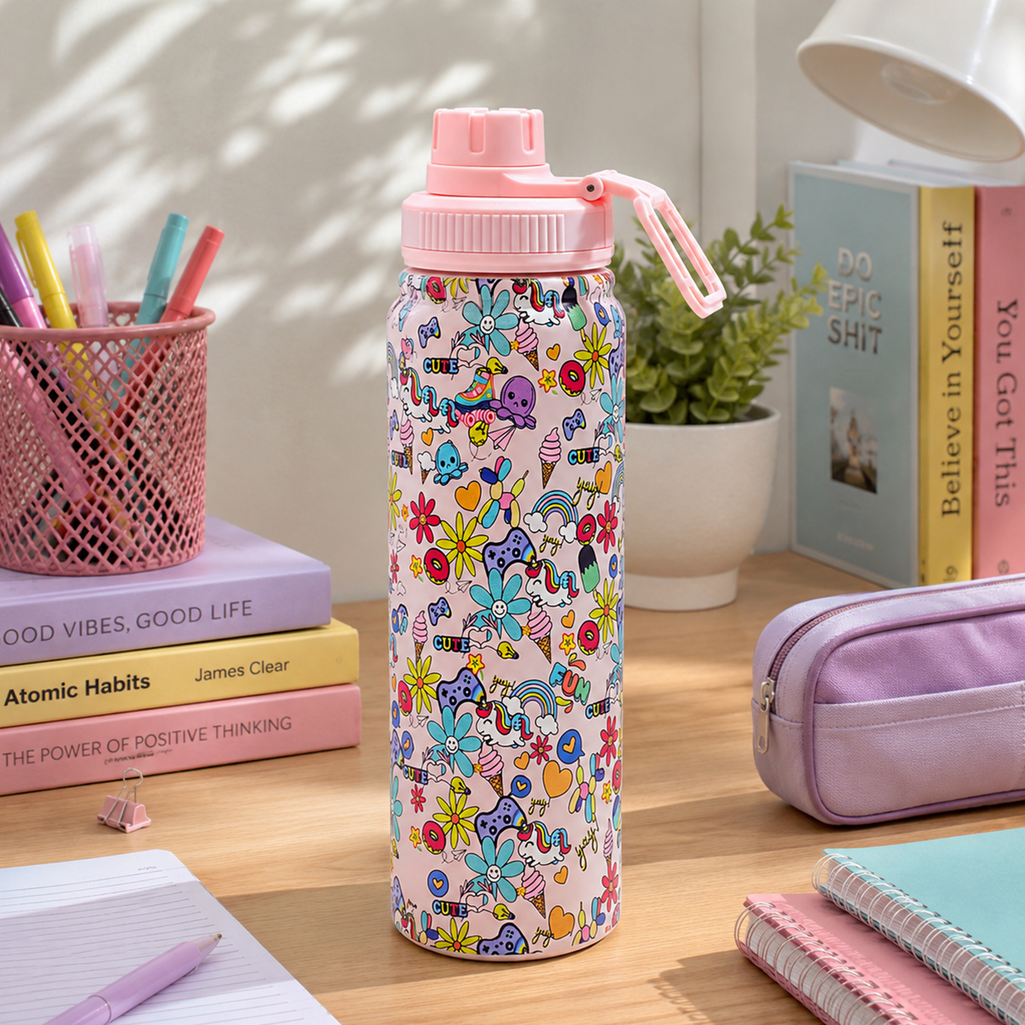 Cute Unicorn Insulated Stainless Steel Water Bottle for Girls | 800ml Leakproof School Bottle | Kawaii Aesthetic Travel Flask