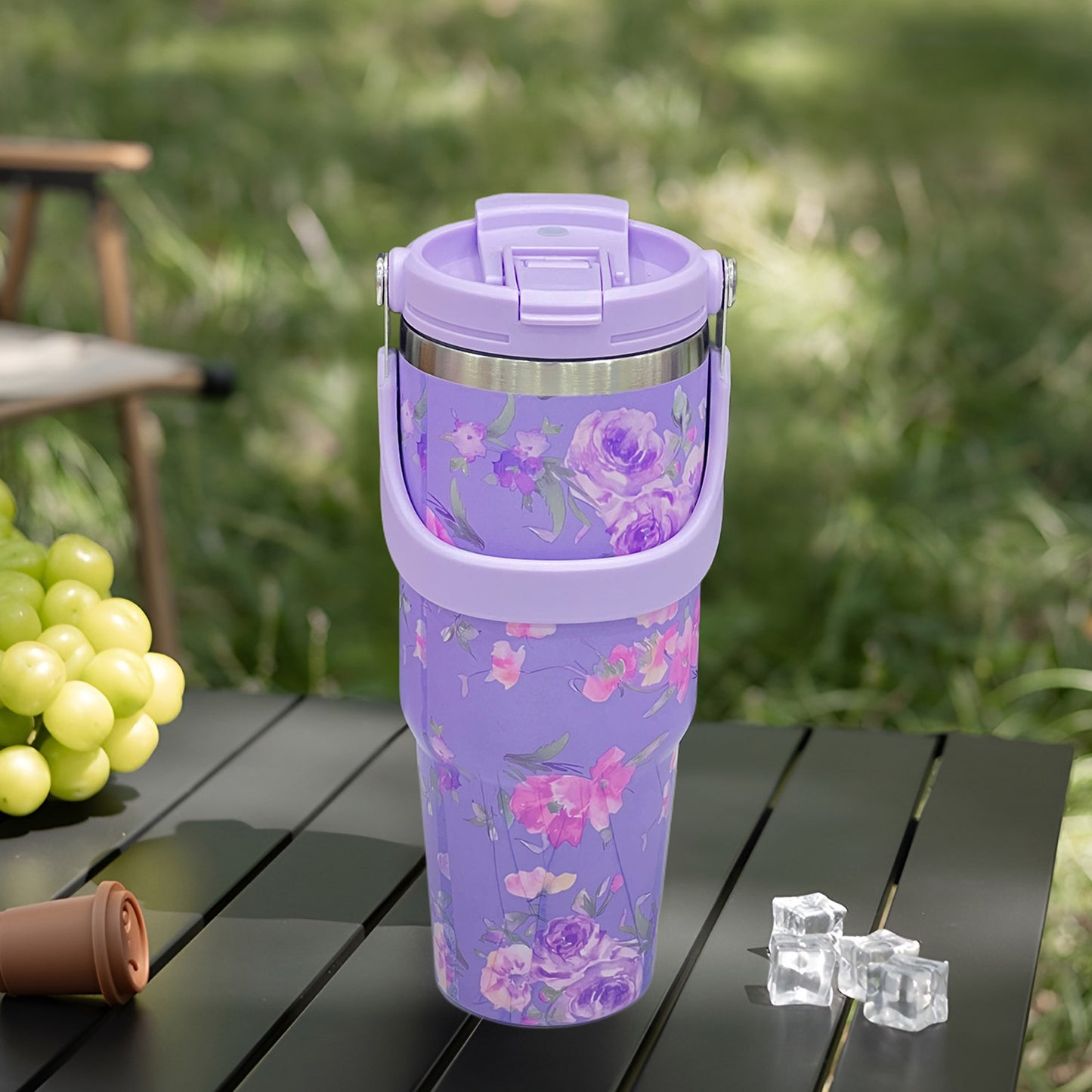 Floral Insulated 900ML Tumbler with Handle and Straw Lid Purple - Bagmire
