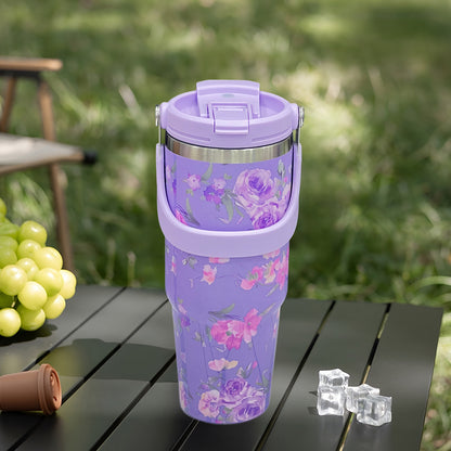Floral Insulated 900ML Tumbler with Handle and Straw Lid Purple - Bagmire