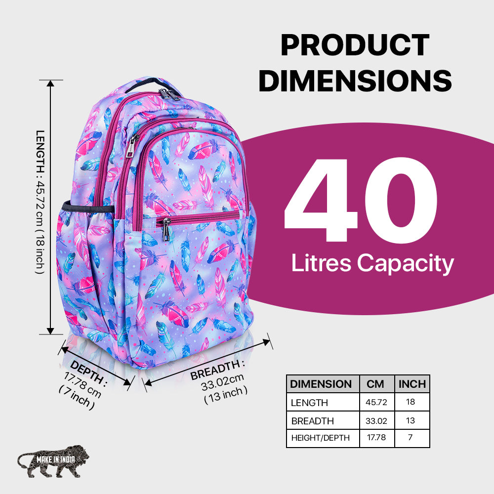18 Inch Girls' Backpack - Pastel Feather Print, Waterproof, Multi-Compartment School Bag Bagmire