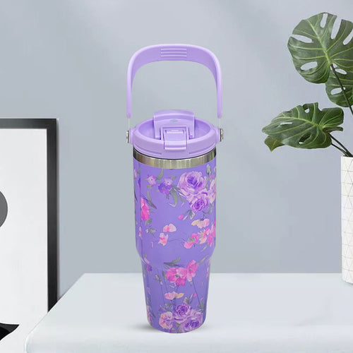 Floral Insulated 900ML Tumbler with Handle and Straw Lid Purple