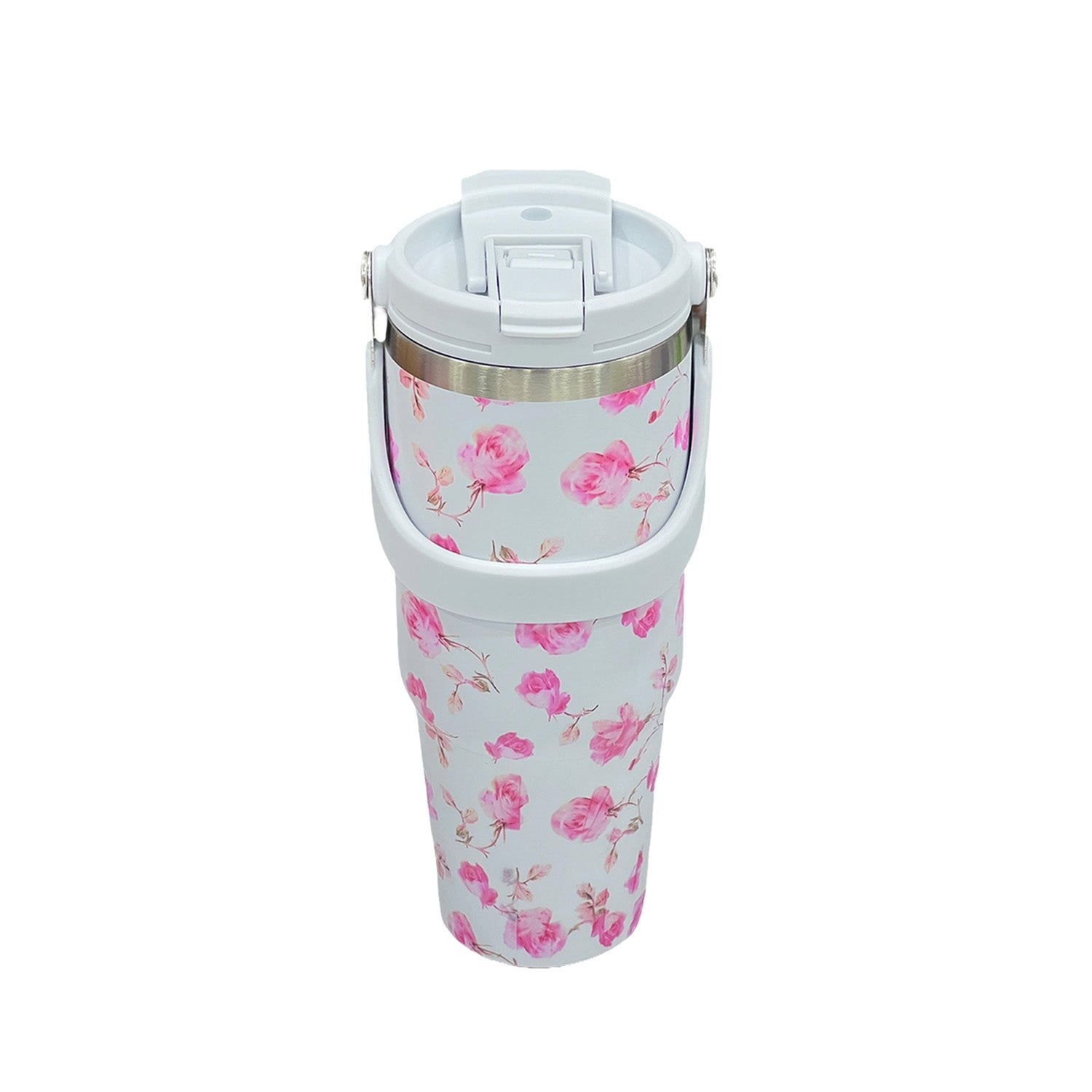 Floral Insulated 900ML Tumbler with Handle and Straw Lid Pink - Bagmire