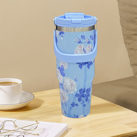 Floral Insulated 900ML Tumbler with Handle and Straw Lid Blue - Bagmire
