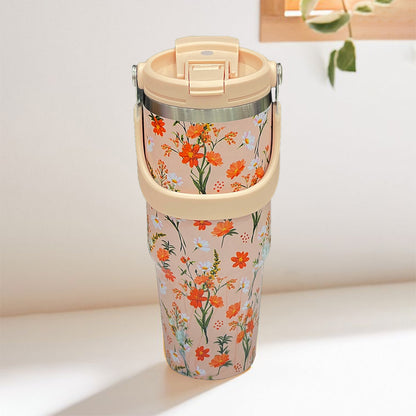 Floral Insulated 900ML Tumbler with Handle and Straw Lid Orange - Bagmire