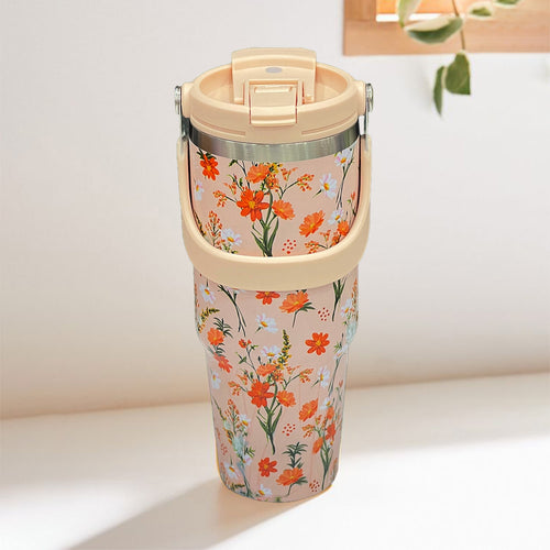 Floral Insulated 900ML Tumbler with Handle and Straw Lid Orange
