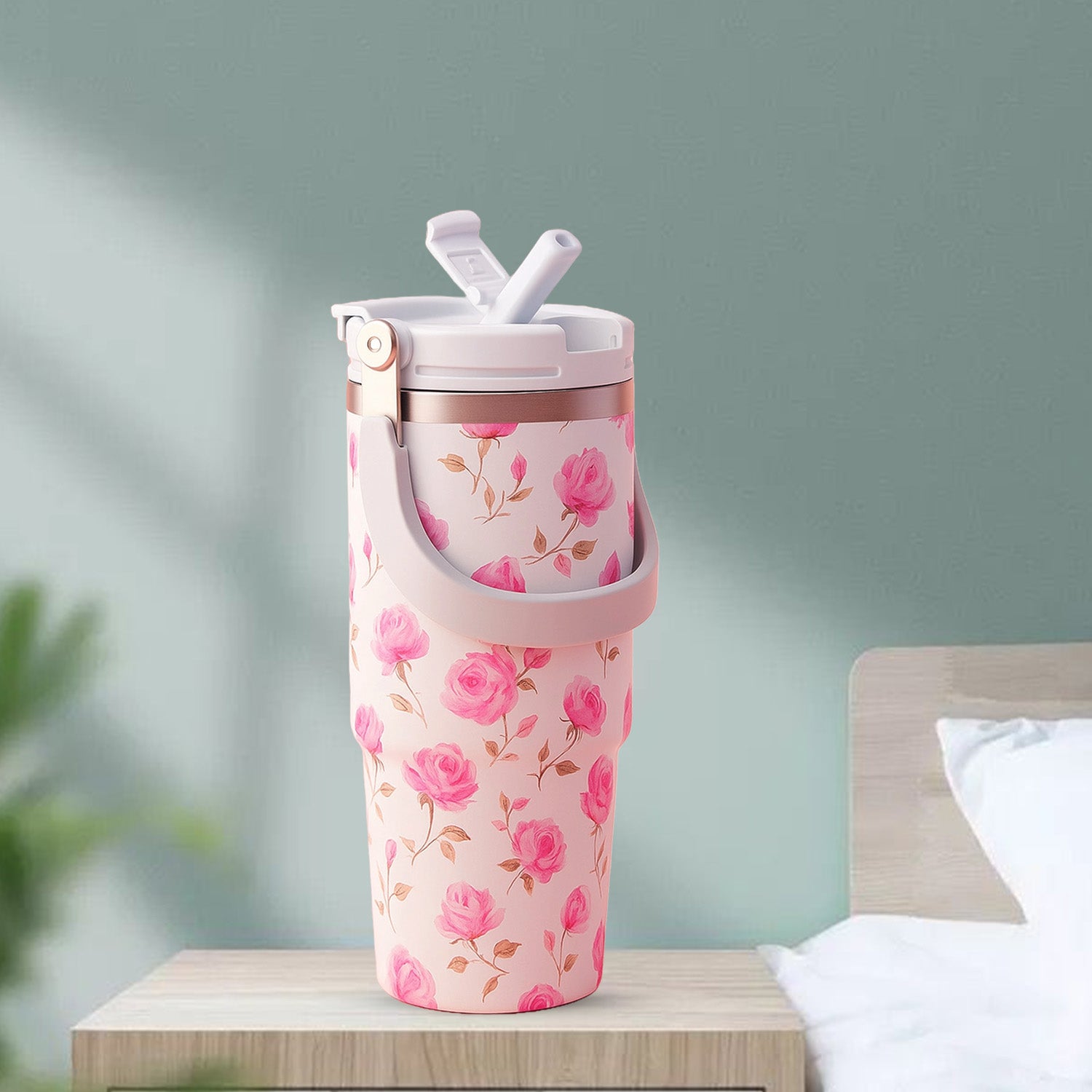 Floral Insulated 900ML Tumbler with Handle and Straw Lid Pink - Bagmire