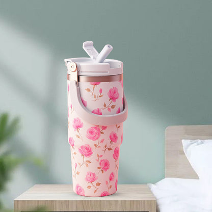 Floral Insulated 900ML Tumbler with Handle and Straw Lid Pink - Bagmire