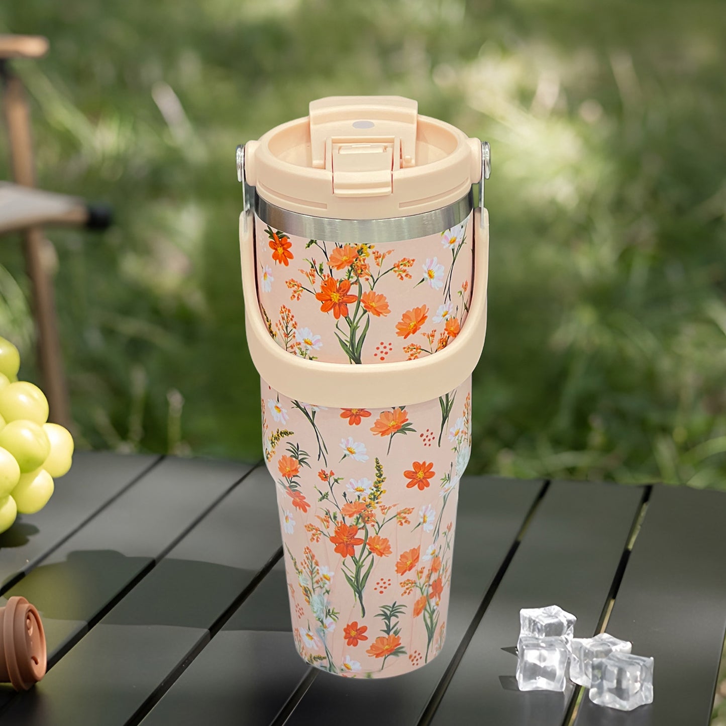 Floral Insulated 900ML Tumbler with Handle and Straw Lid Orange - Bagmire