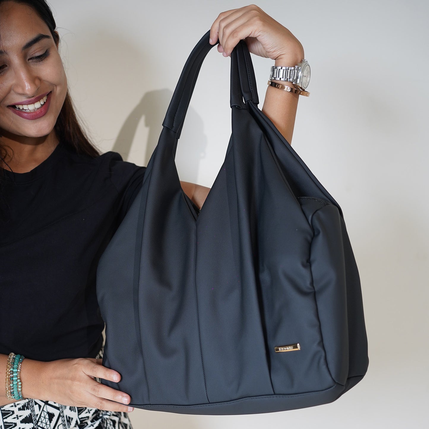 Black Faux Leather Tote Bag for Women Shoulder Handbag