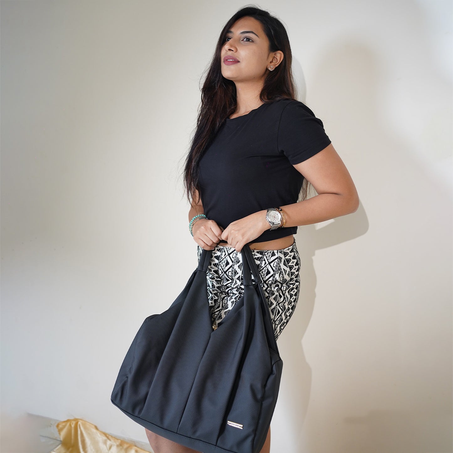 Black Faux Leather Tote Bag for Women Shoulder Handbag