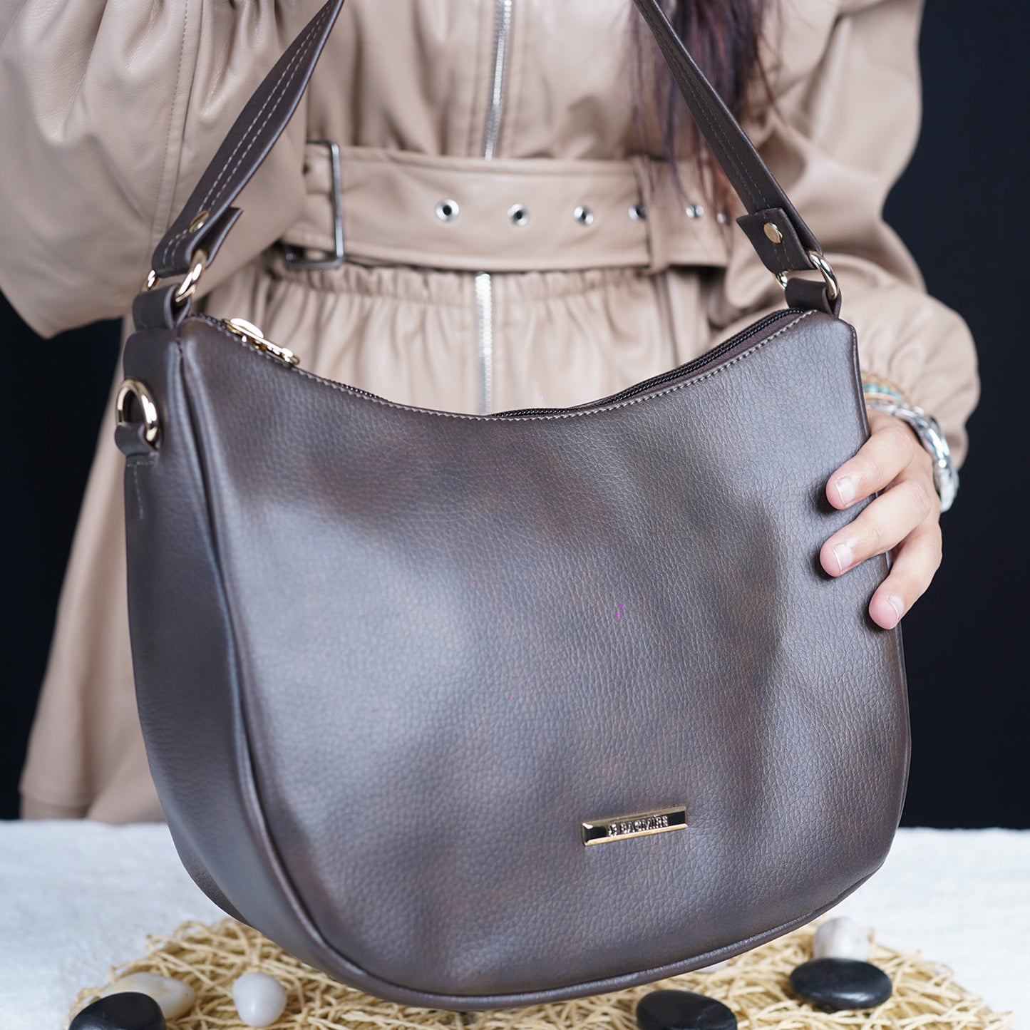 Modern Faux Leather Hobo & Crossbody Bag-Adjustable Strap For Everyday Style-Dark Brown