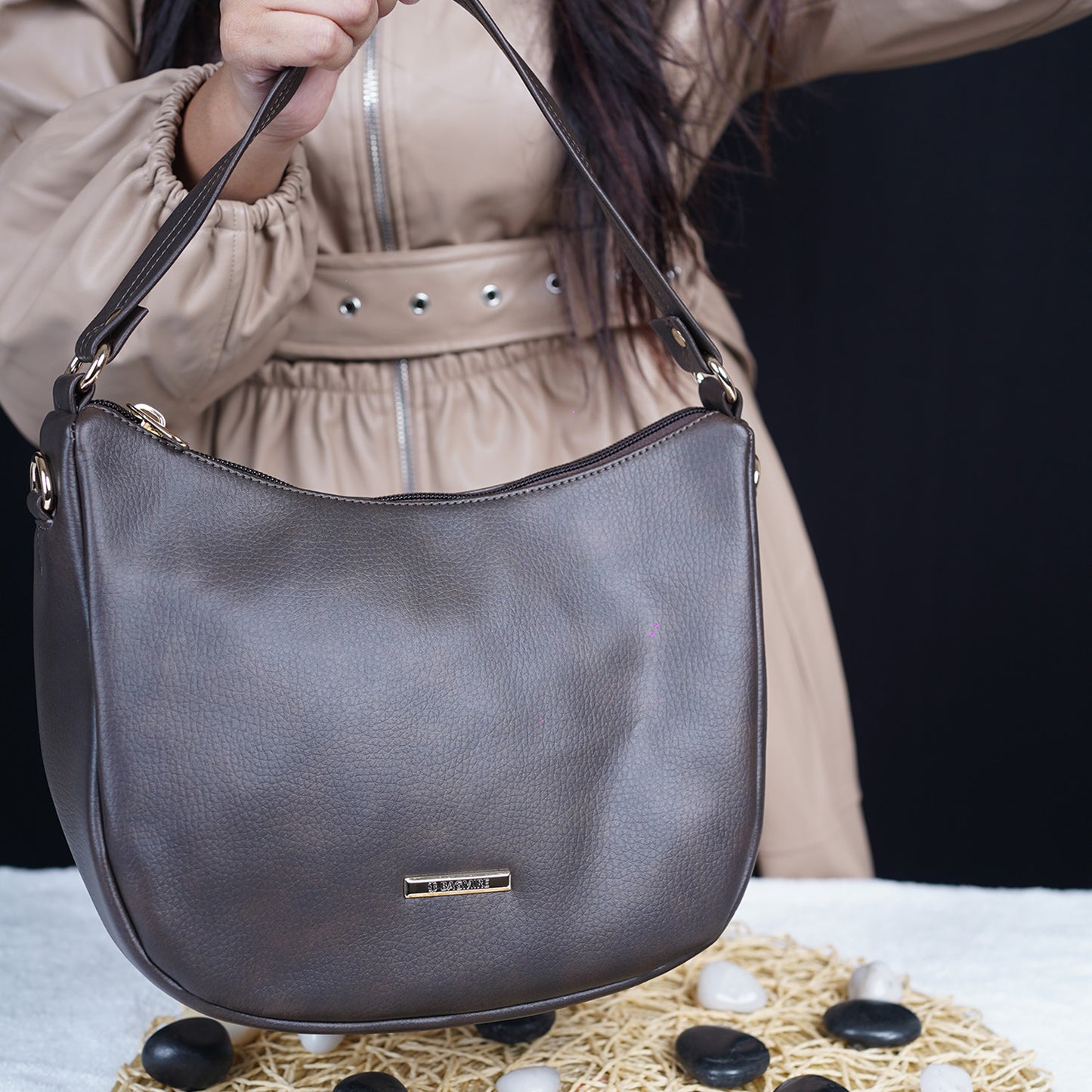 Modern Faux Leather Hobo & Crossbody Bag-Adjustable Strap For Everyday Style-Dark Brown