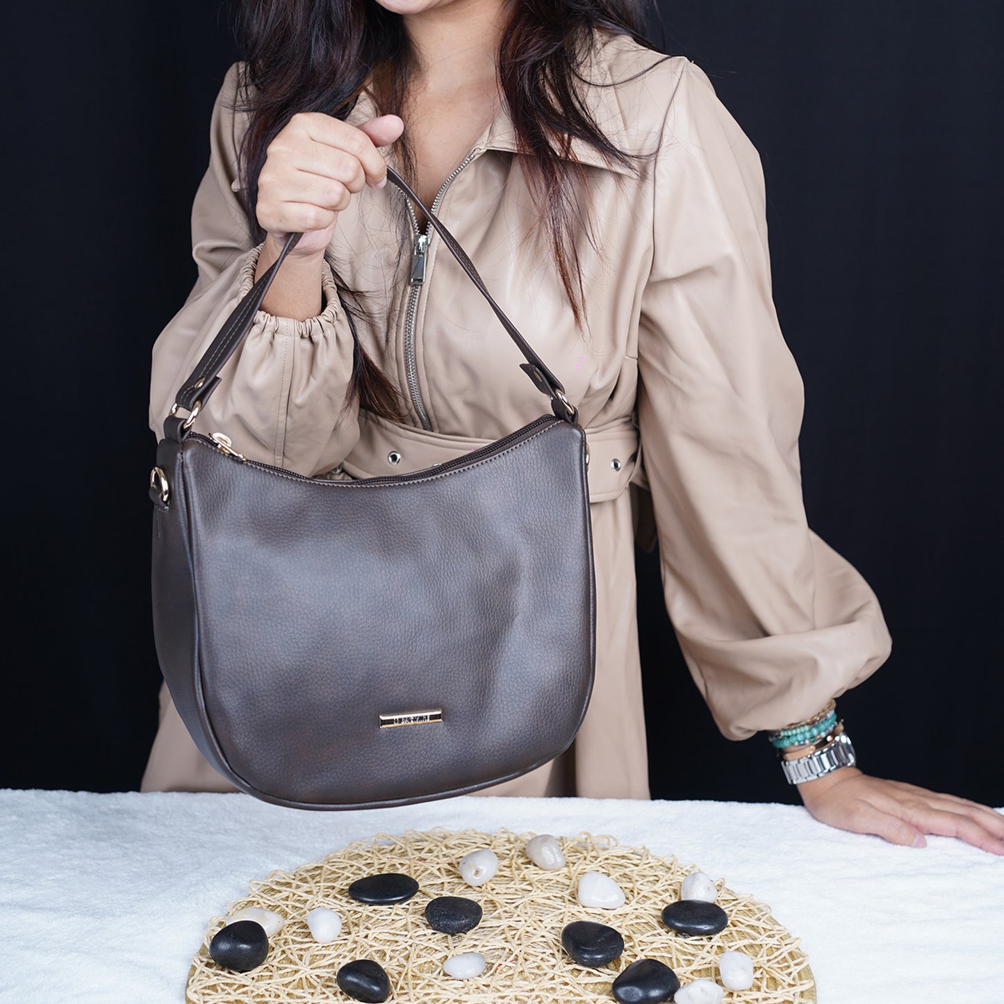 Modern Faux Leather Hobo & Crossbody Bag-Adjustable Strap For Everyday Style-Dark Brown