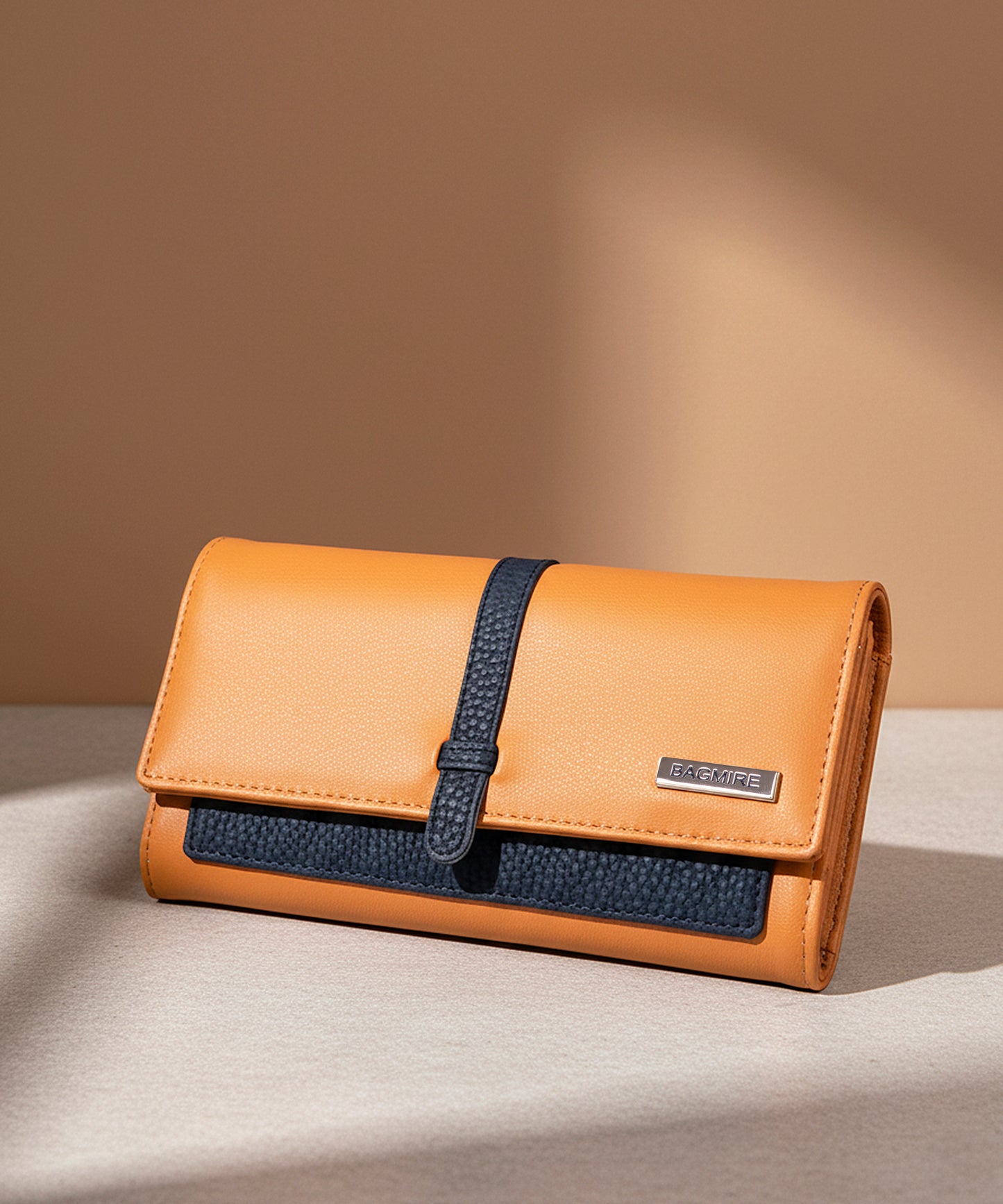 Bagmire Multi-Card Slot PU Leather Ladies' Wallet - Tan & Navy Bifold Organizer with Snap Closure
