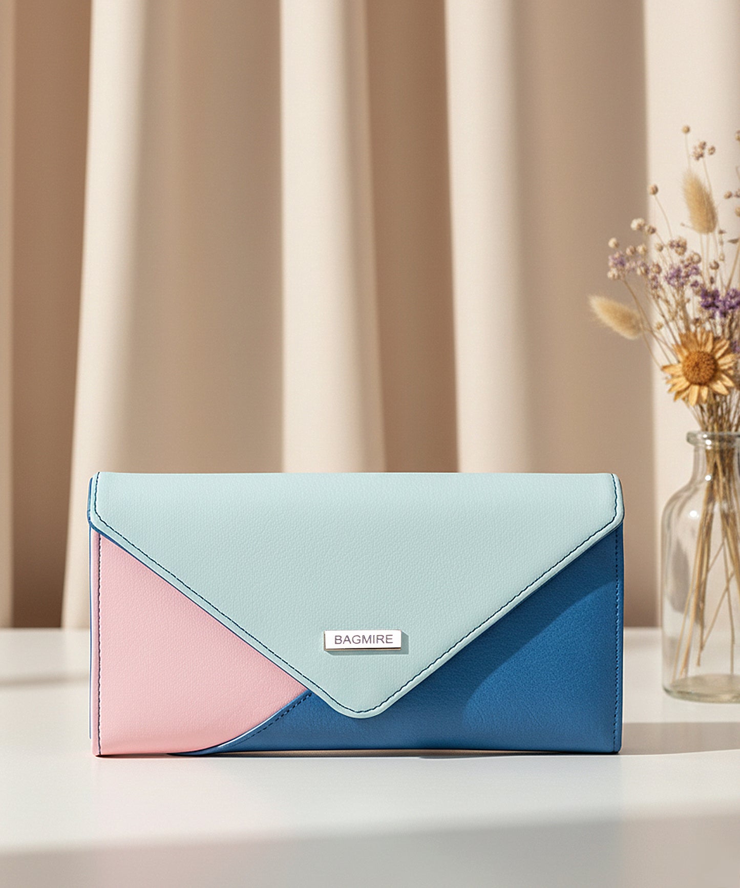 Bagmire Stylish Tri-Color Clutch Wallet - PU Leather Bifold with Zip Pocket & Snap Closure