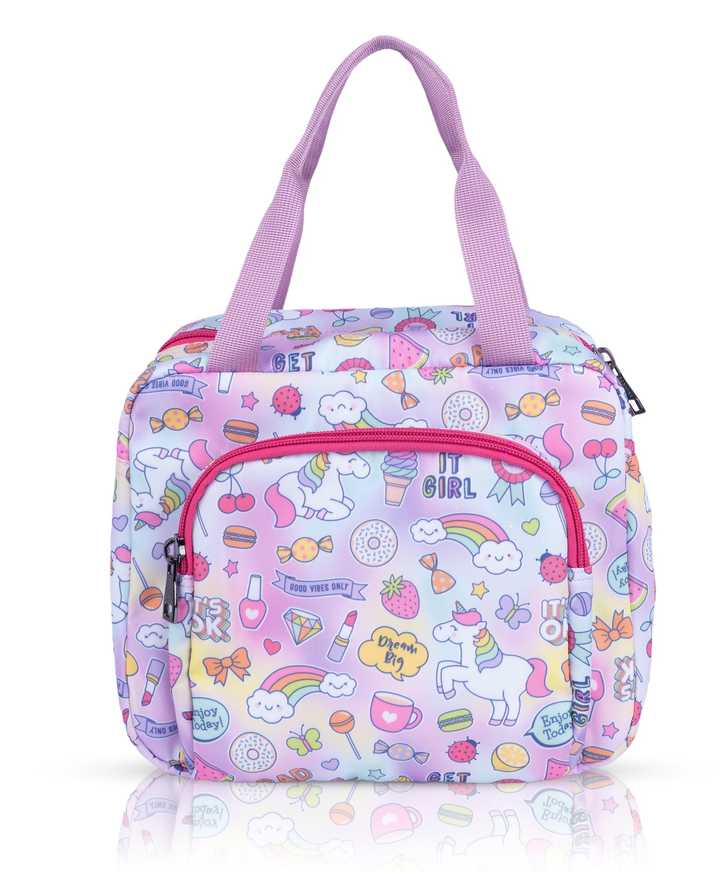 Bagmire Insulated Lunch Bag for Girls - Unicorn & Rainbow Print, Waterproof, Double Compartment, Silver Foil Lining - Made in India
