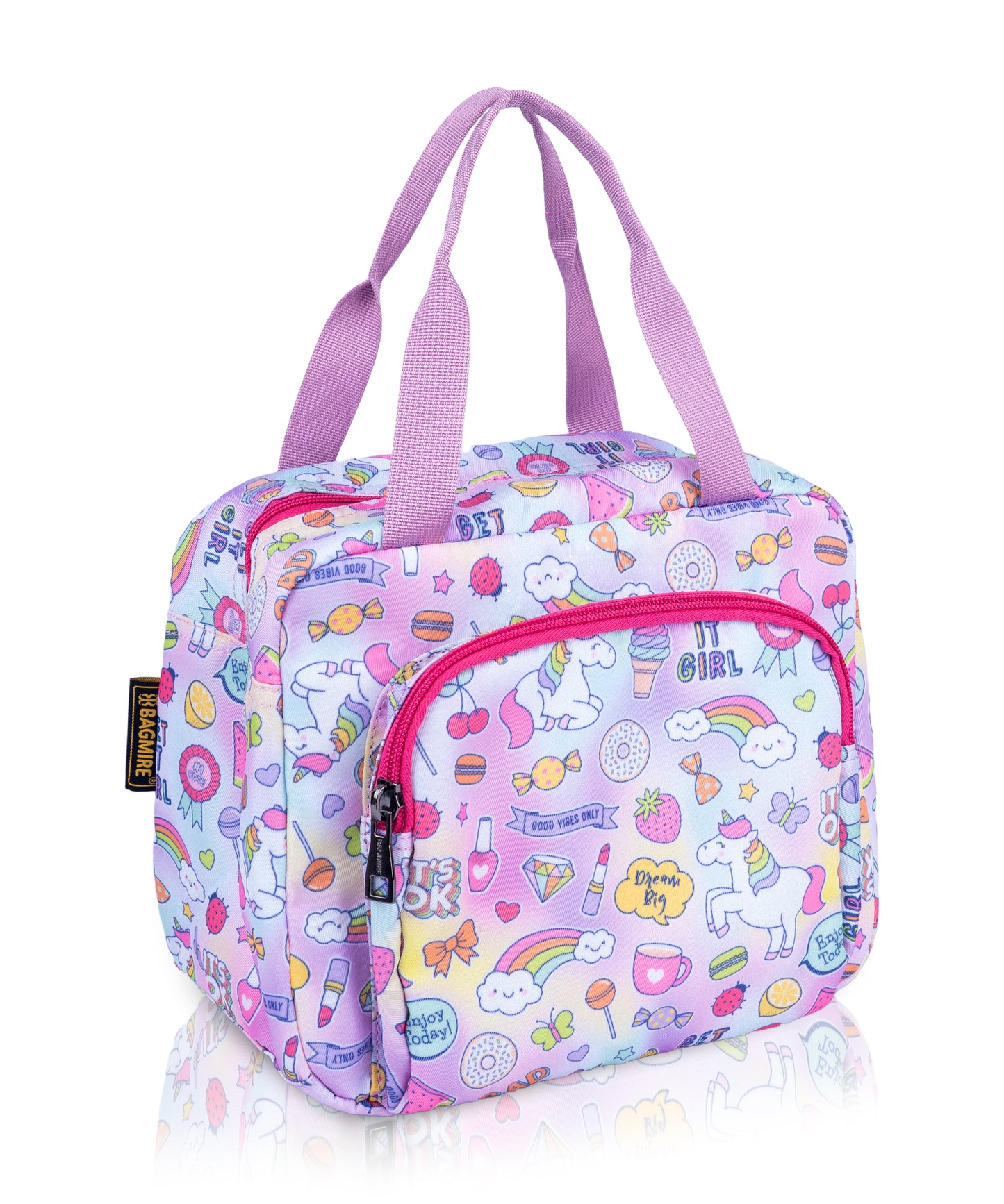Bagmire Insulated Lunch Bag for Girls - Unicorn & Rainbow Print, Waterproof, Double Compartment, Silver Foil Lining - Made in India