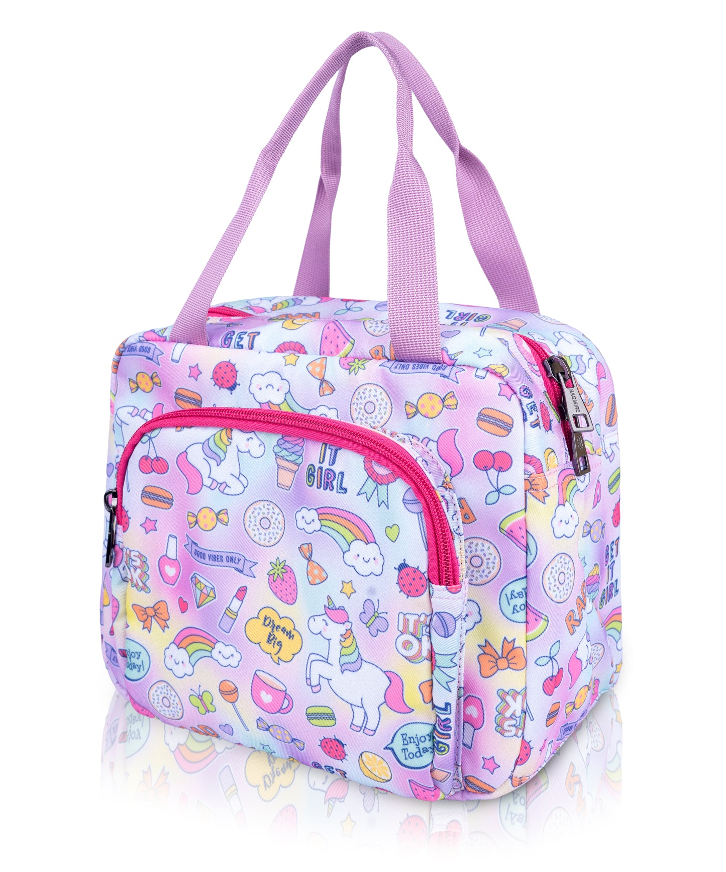 Bagmire Insulated Lunch Bag for Girls - Unicorn & Rainbow Print, Waterproof, Double Compartment, Silver Foil Lining - Made in India