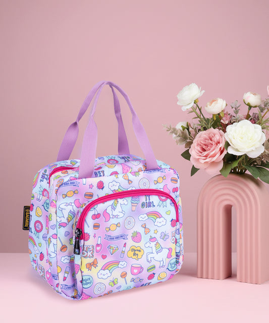 Bagmire Insulated Lunch Bag for Girls - Unicorn & Rainbow Print, Waterproof, Double Compartment, Silver Foil Lining - Made in India