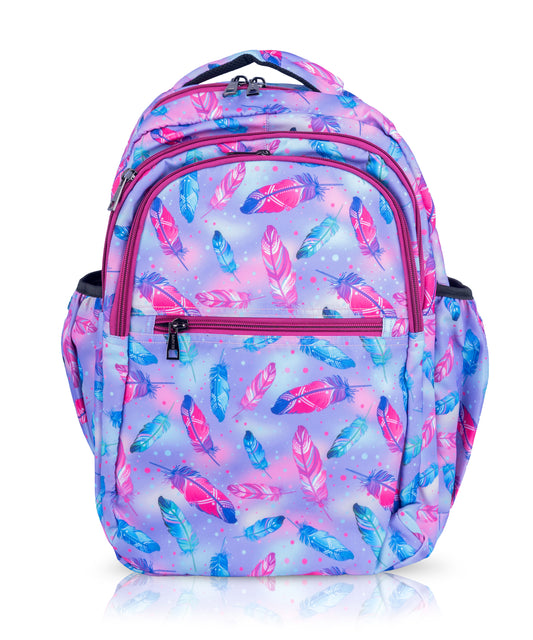 18 Inch Girls' Backpack - Pastel Feather Print, Waterproof, Multi-Compartment School Bag Bagmire