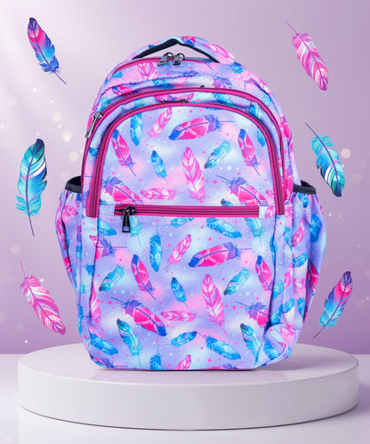 18 Inch Girls' Backpack - Pastel Feather Print, Waterproof, Multi-Compartment School Bag Bagmire
