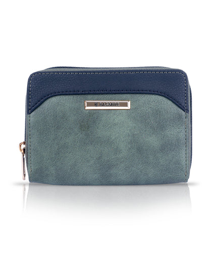 Bagmire Women's Small Wallet | Dual-Tone Zip-Around PU Leather Mini Purse, Slate Green & Navy