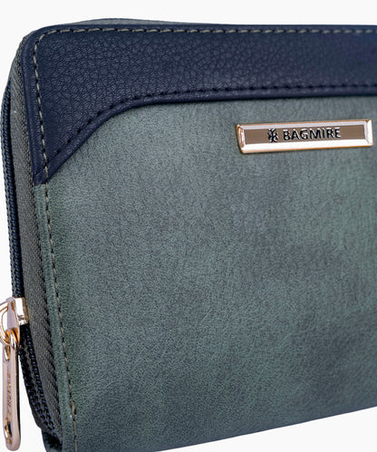 Bagmire Women's Small Wallet | Dual-Tone Zip-Around PU Leather Mini Purse, Slate Green & Navy