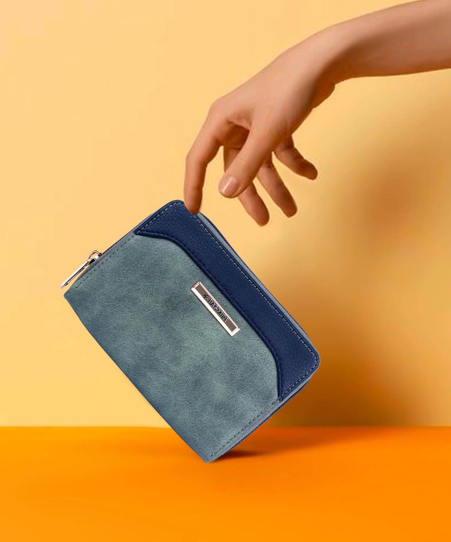 Bagmire Women's Small Wallet | Dual-Tone Zip-Around PU Leather Mini Purse, Slate Green & Navy