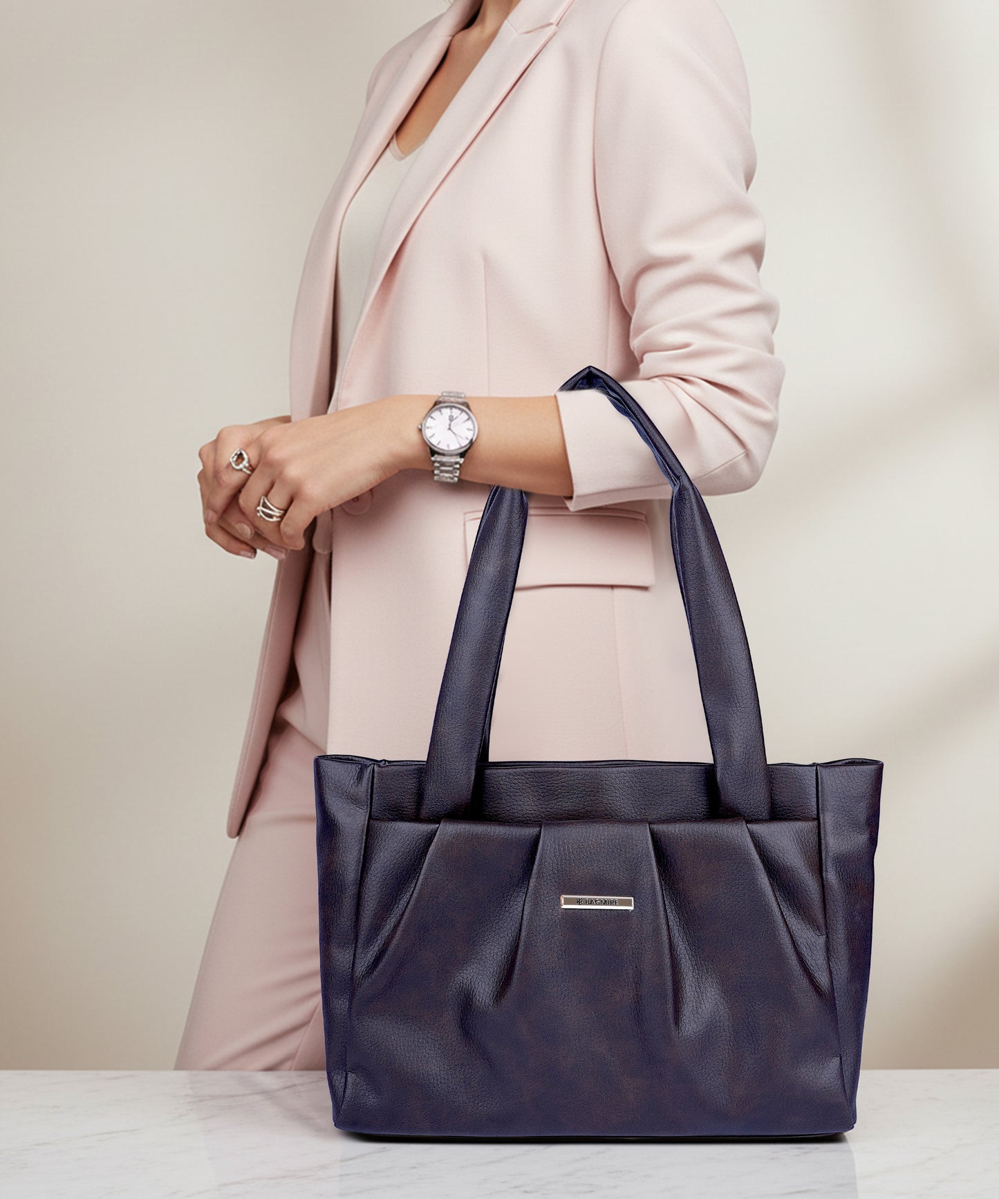 Bagmire Women's Pleated Faux Leather Tote- Padded Handle Shoulder Bag