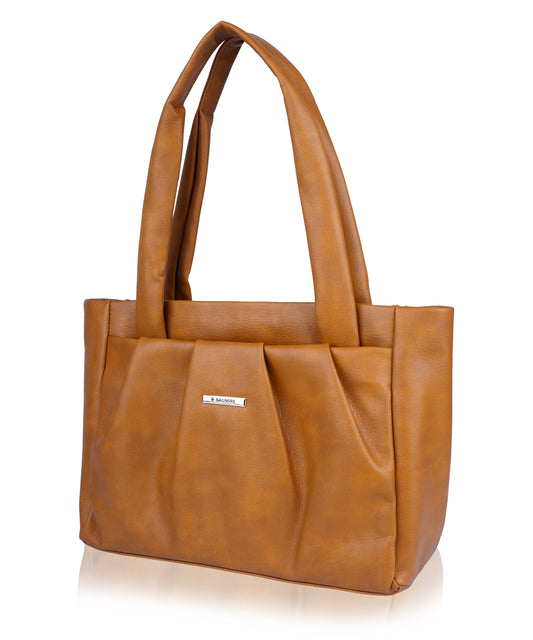Bagmire Women's Pleated Faux Leather Tote- Padded Handle Shoulder Bag