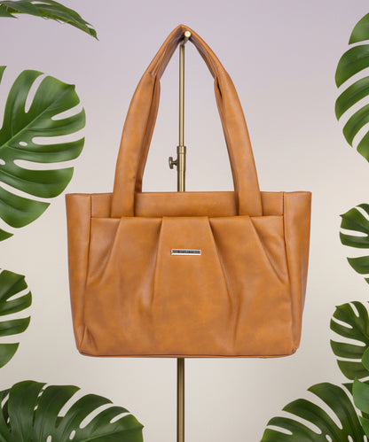 Bagmire Women's Pleated Faux Leather Tote- Padded Handle Shoulder Bag