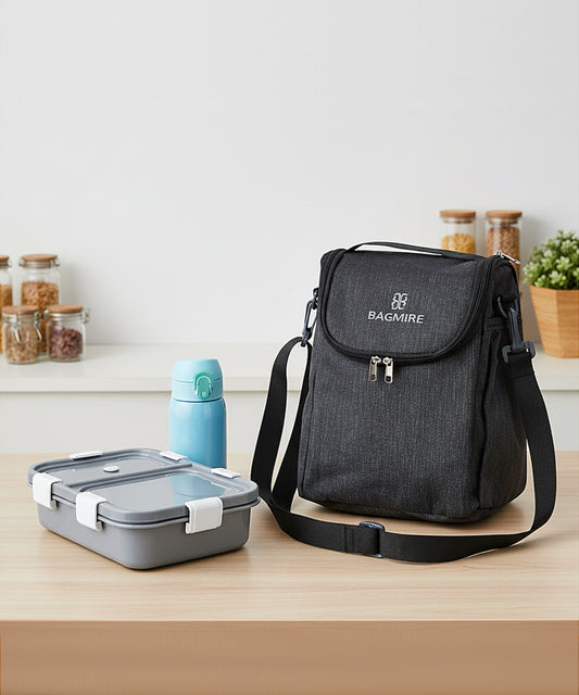BAGMIRE Insulated Lunch Bag for Office & Travel – Premium Denim Style Food Carry Bag with Bottle Holder, Adjustable Strap & Thermal Lining