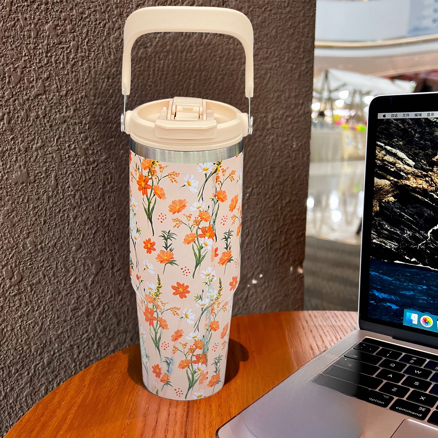 Floral Insulated 900ML Tumbler with Handle and Straw Lid Orange - Bagmire