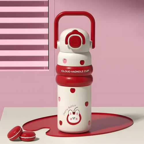 Kids Water Bottle with Handle – Cute Design(BPA-Free, Leak-Proof, 600ml)-red