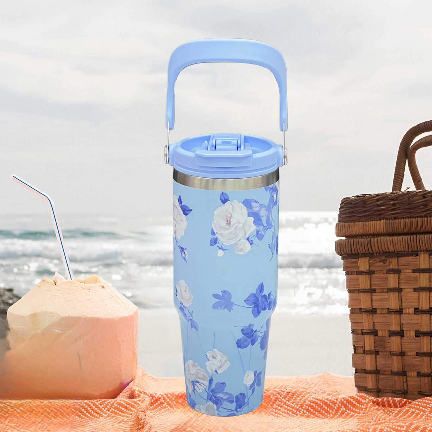 Floral Insulated 900ML Tumbler with Handle and Straw Lid Blue - Bagmire