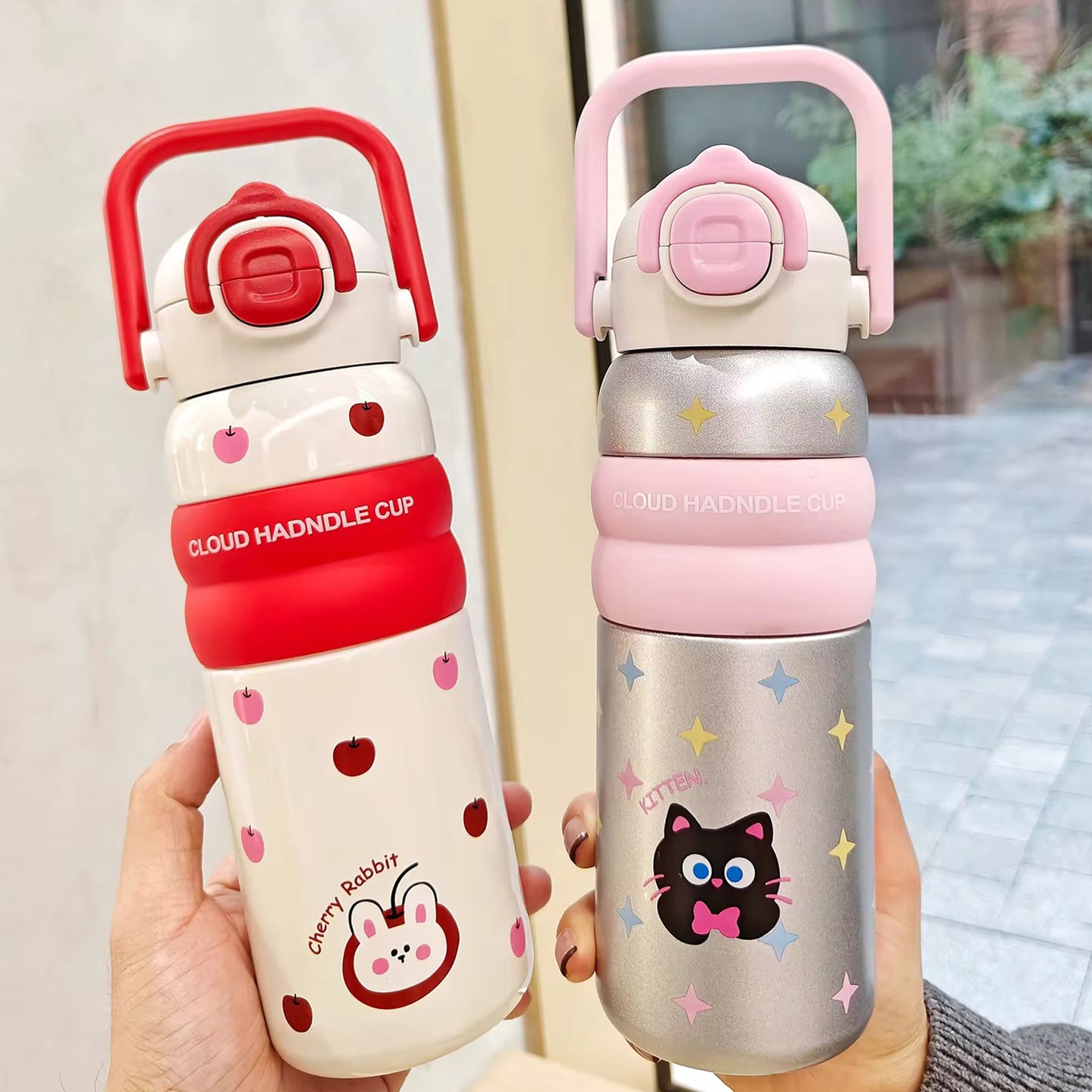 Kids Water Bottle with Handle – Cute Design(BPA-Free, Leak-Proof, 600ml)-red - Bagmire