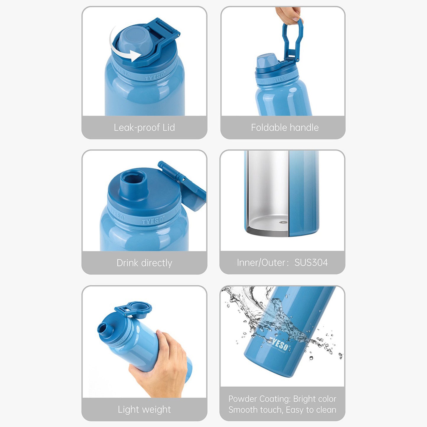 TYESO 1050ml Stainless Steel Insulated Water Bottle – Hot & Cold Flask, Leak-Proof Travel Bottle Blue - Bagmire