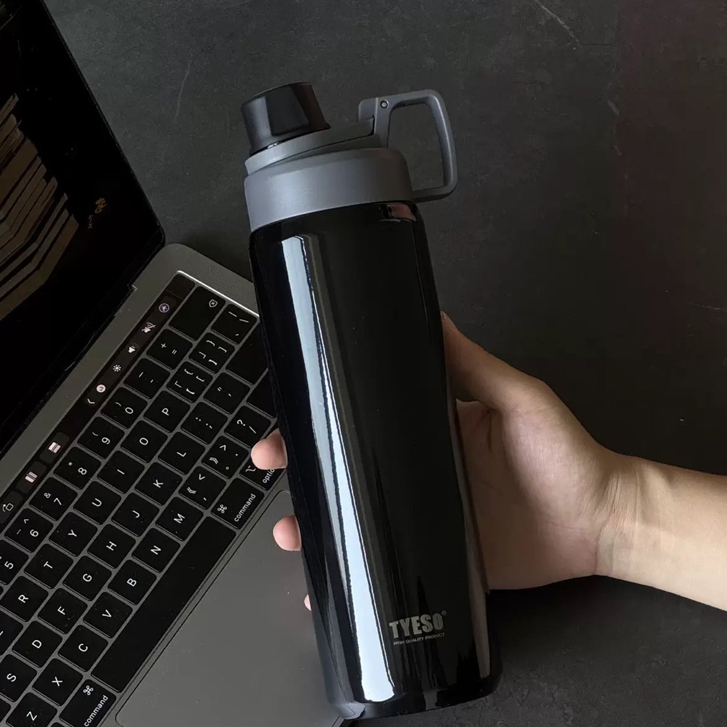 TYESO Sports Vacuum Insulated Steel Bottle 900ML with Portable Handle Black - Bagmire
