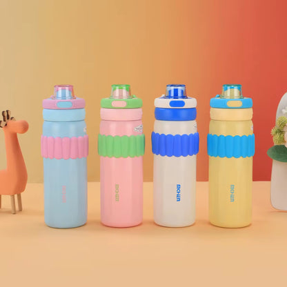 Macaron Insulated Water Bottle 550ml | Leakproof Stainless Steel Sipper with Straw Lid & Silicone Grip | Cute Travel Flask for Kids & Adults